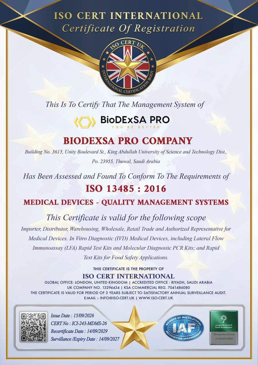 شهادة تسجيل ISO 13485:2016 لشركة بيوديكسا برو، صادرة عن ISO Cert International، رقم الشهادة ICI-243-MDMS-26.