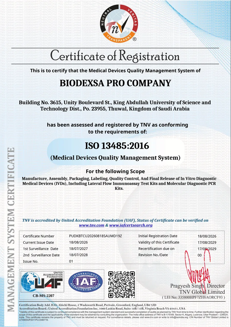 شهادة تسجيل ISO 13485:2016 لشركة بيوديكسا برو، صادرة عن TNV Global Limited، رقم الشهادة PUDKBTCU20260818SAUMD19Z.